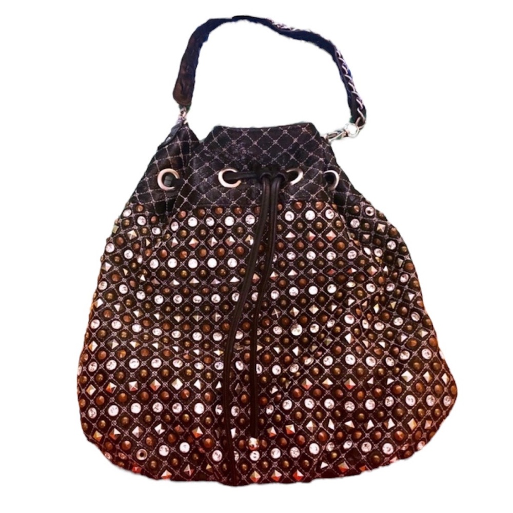 GALIAN: BLACK GEMSTONE & ANIMAL PRINT BUCKET BAG